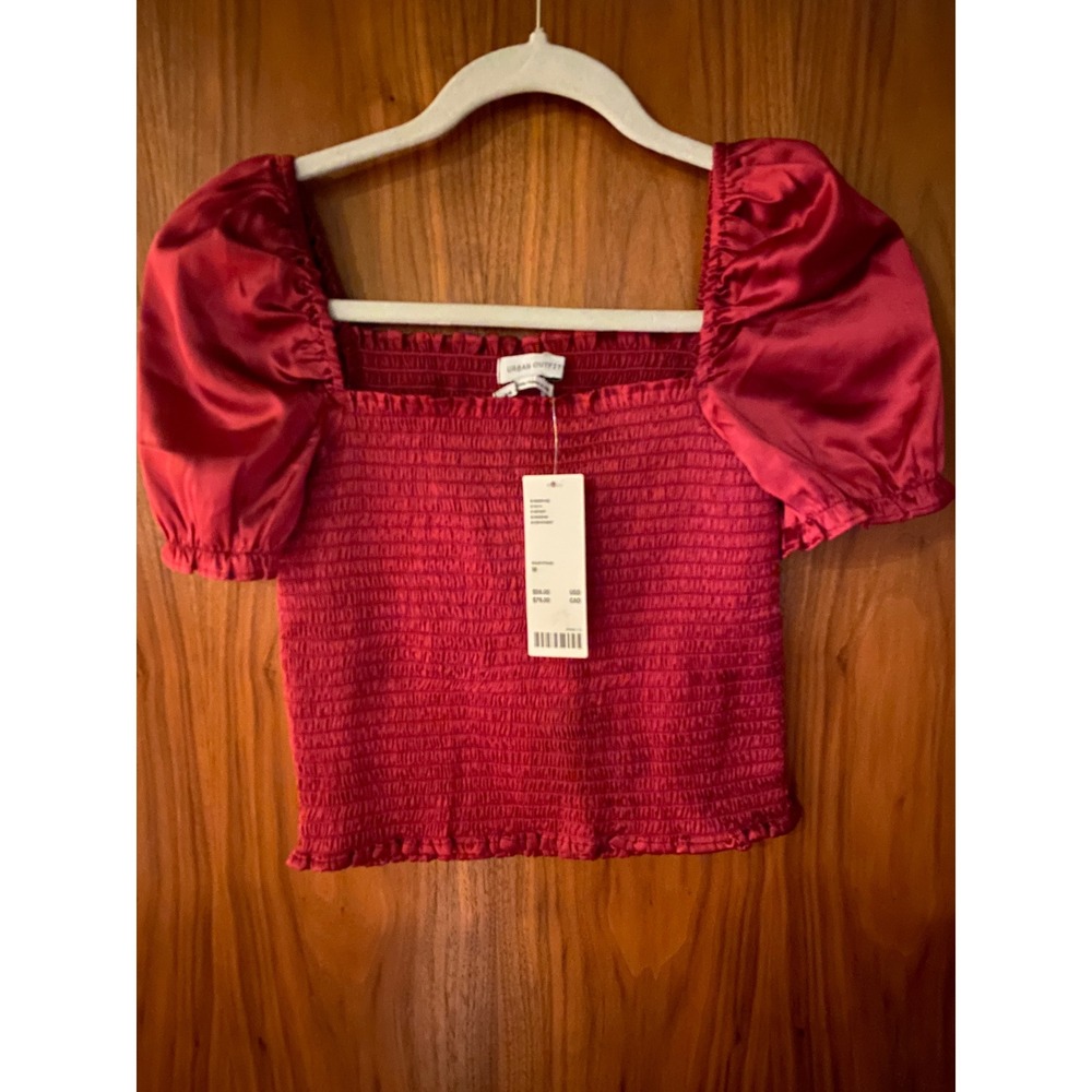 NWT Urban Outfitters Raspberry Red Smocked Satin Puff Sleeve Crop Top M NWT